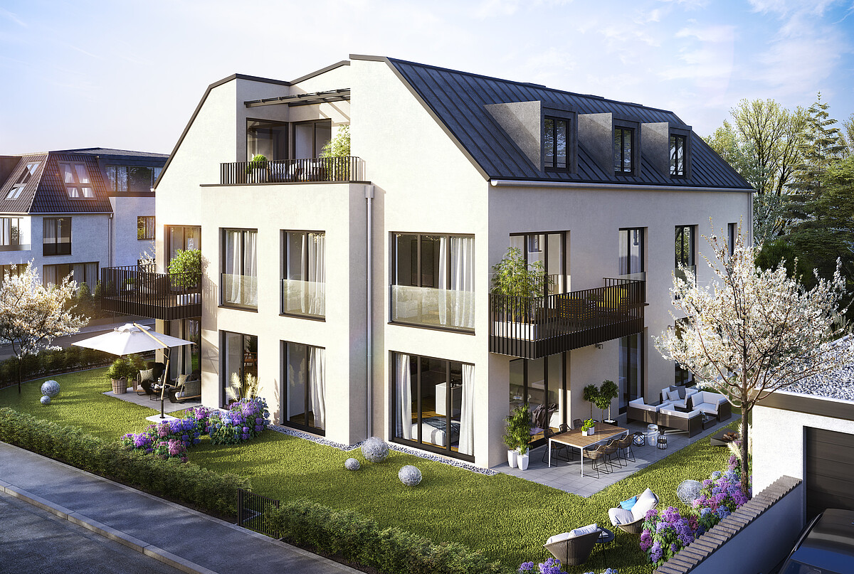 Außenansicht der Stadtvilla von Monvest Stadtvilla mit Garten und Balkonen am Graf-Spee-Platz