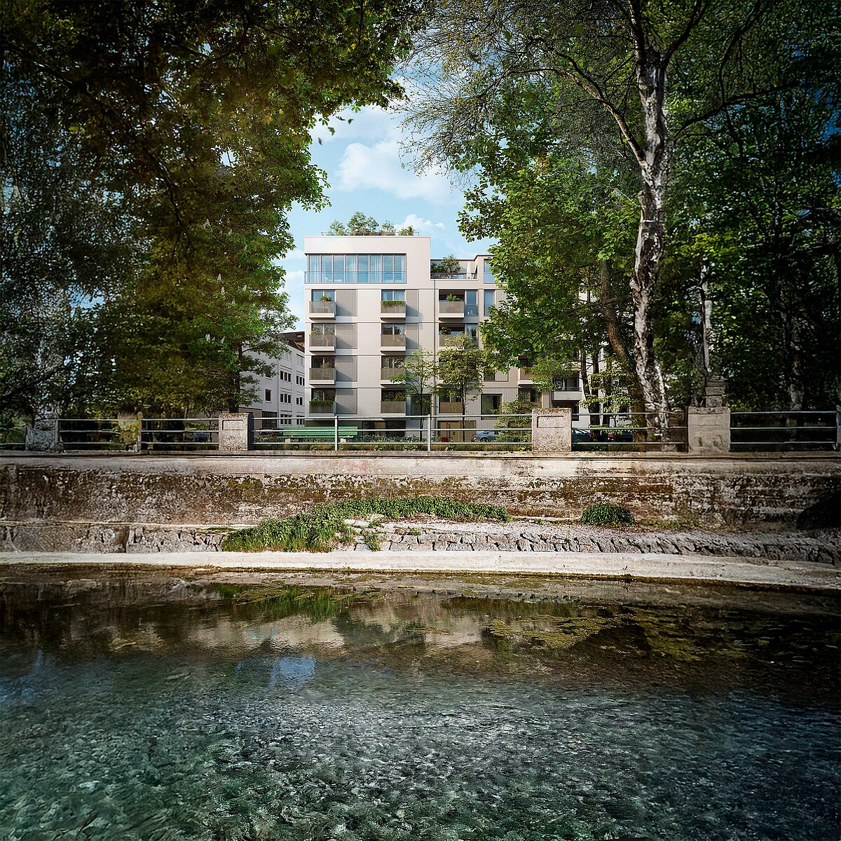 New residential development L'ISAR on Zeppelinstraße in Munich – View of the Isar riverbank